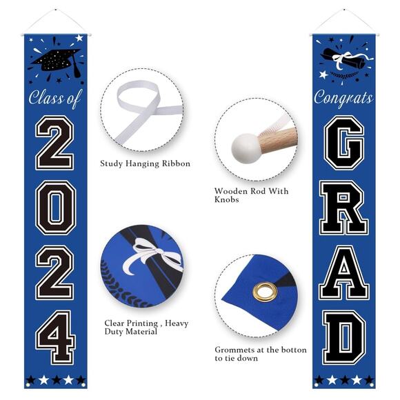 Blue Graduation 2024 Decorations ‘Class of 2024’ and ‘Congrats Grad’ Banners - Picture 3 of 5
